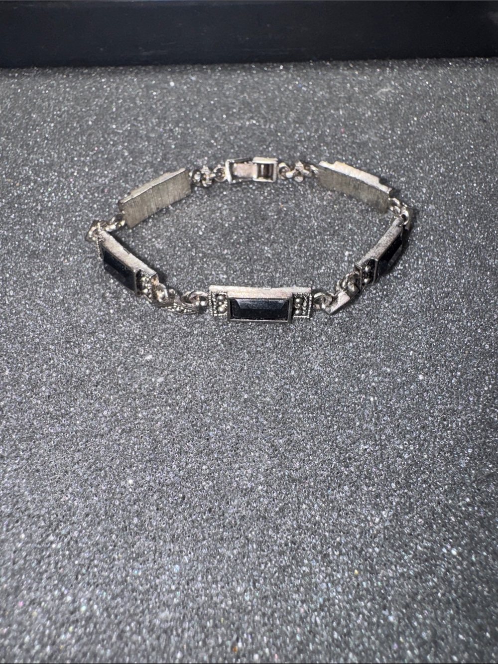 Vintage Rectangular Silver-Tone Bracelet with Black Inset